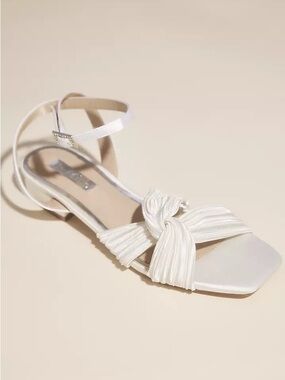 Women's Ivory White Twist Knotted Ankle-Strap Sandals Satin Flat Dolly